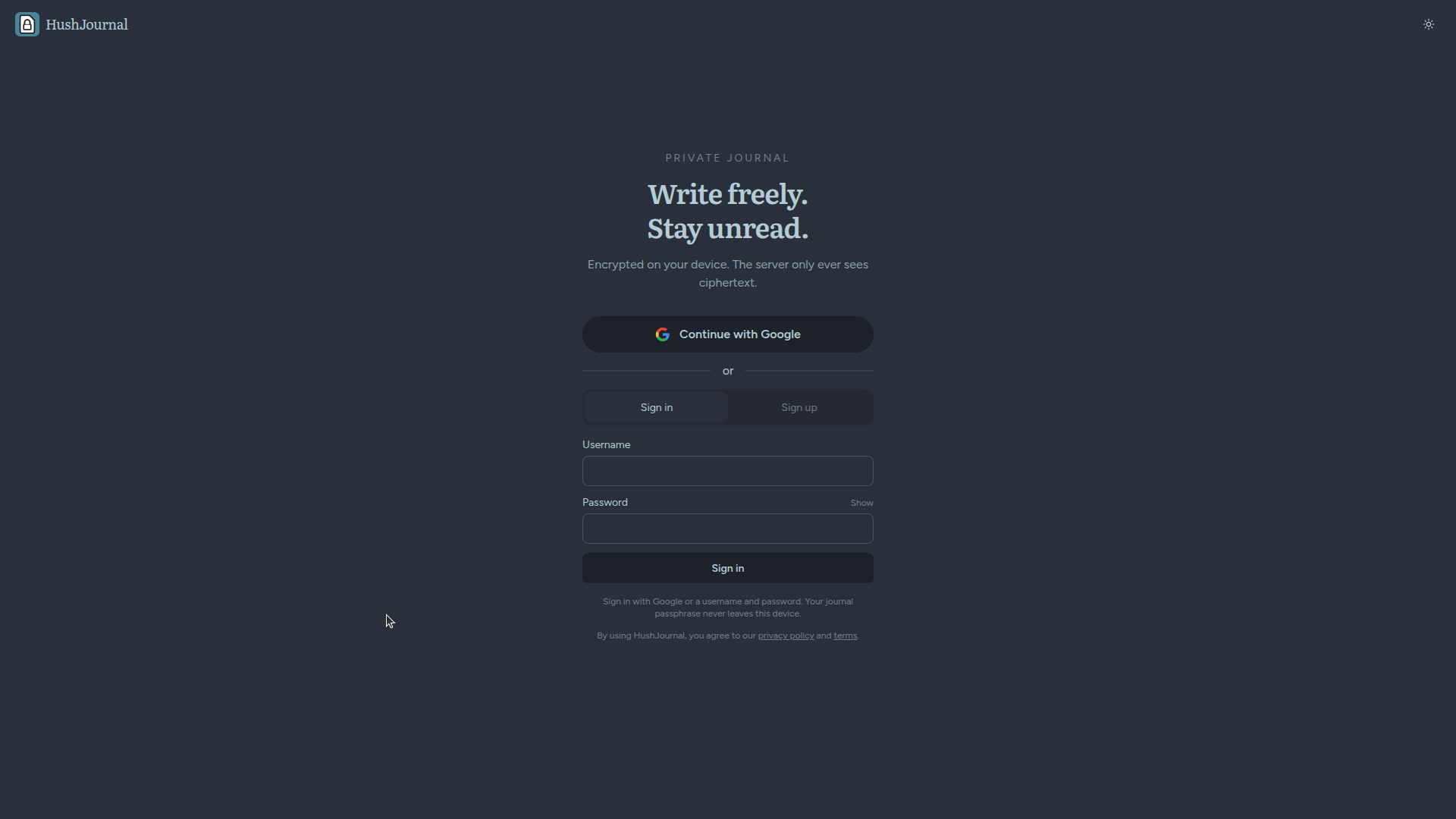 Sign in page with Google and a username and password