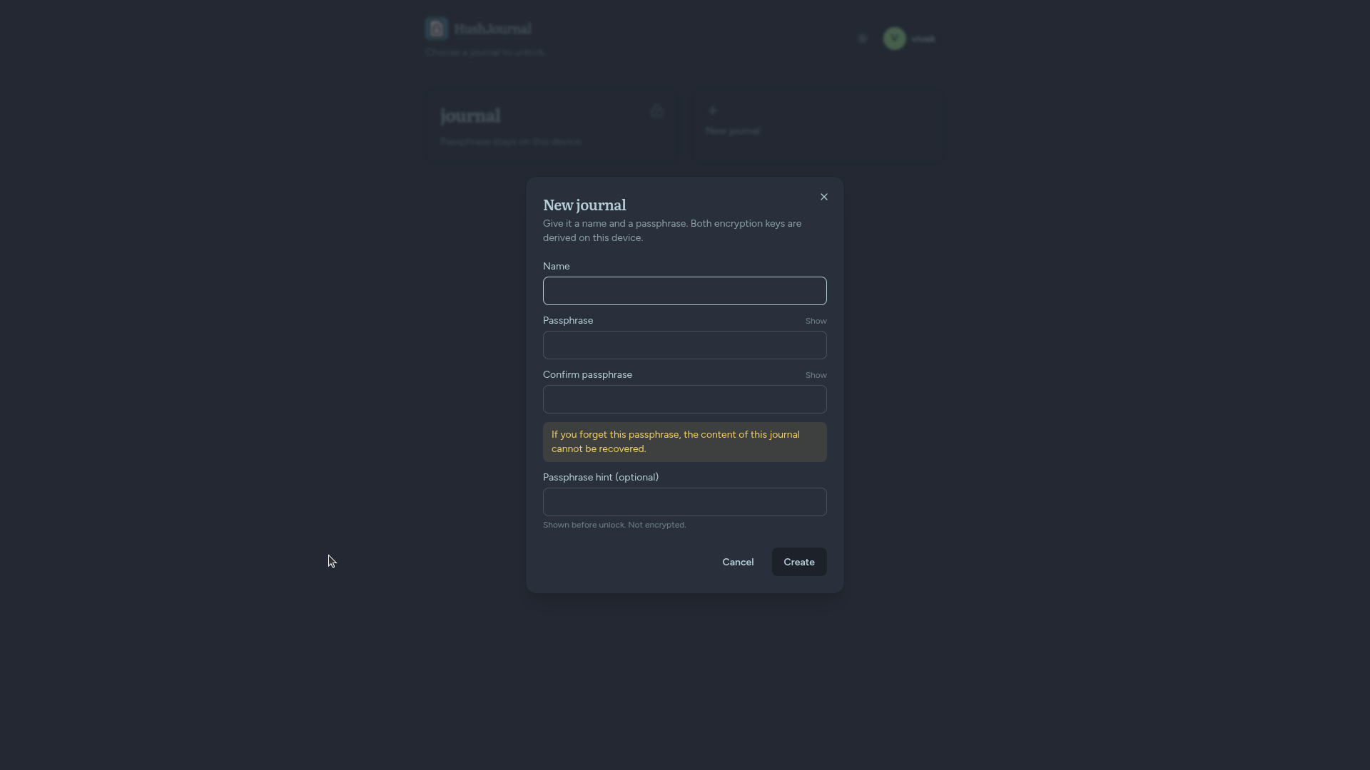 New journal dialog asking for a name and passphrase