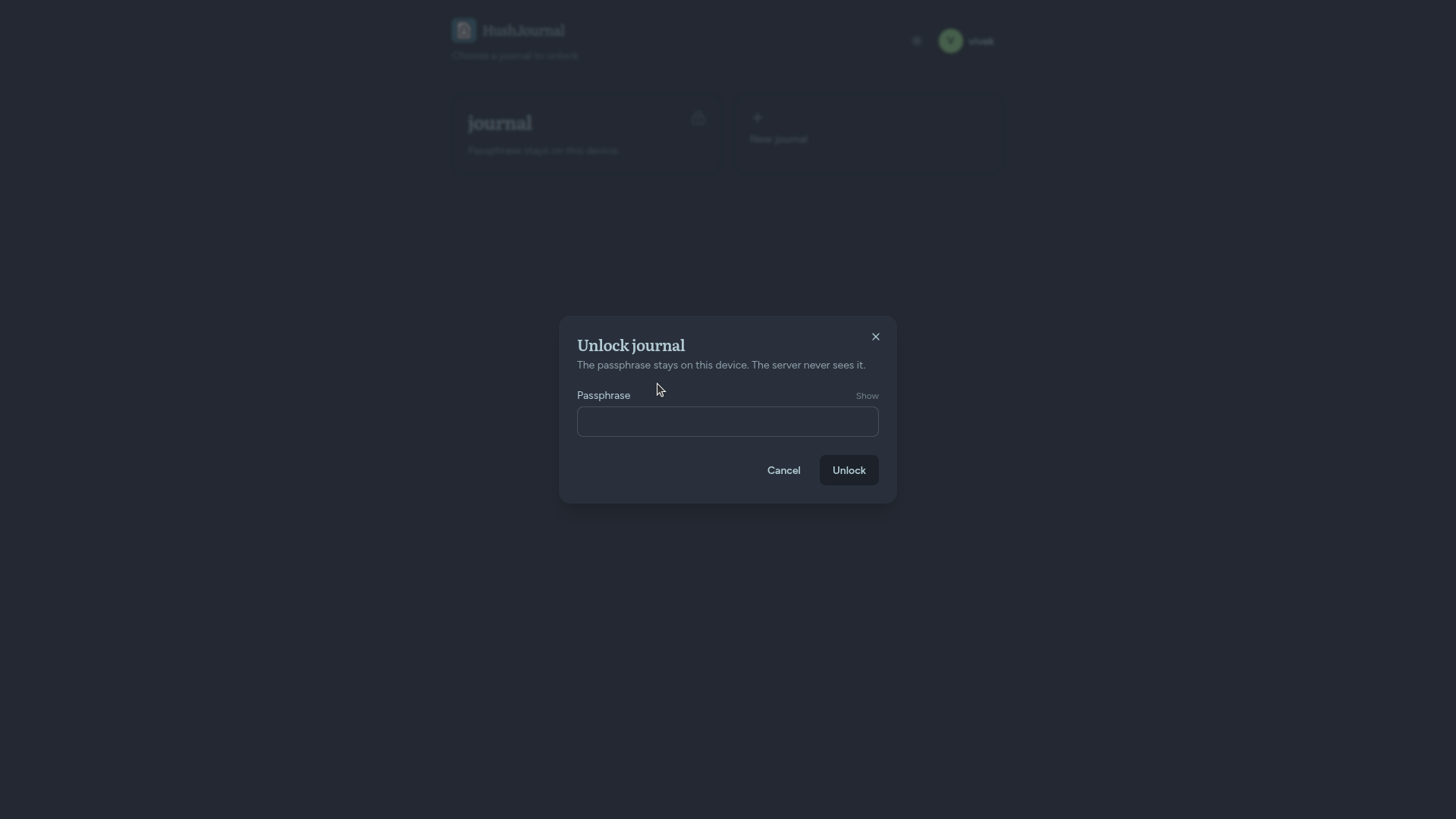 Unlock journal dialog with a passphrase field