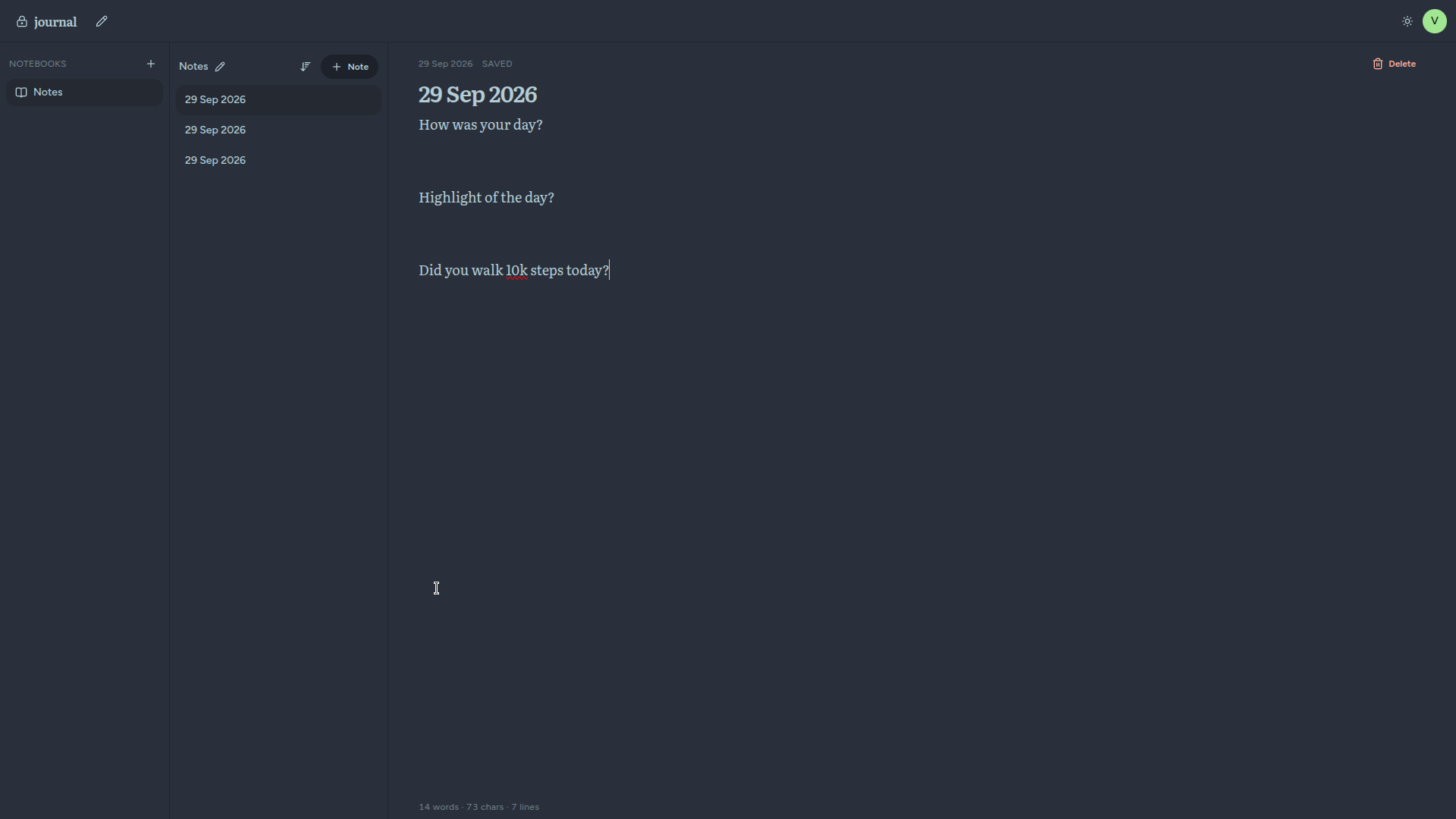 Notebook of dated entries with the page editor open