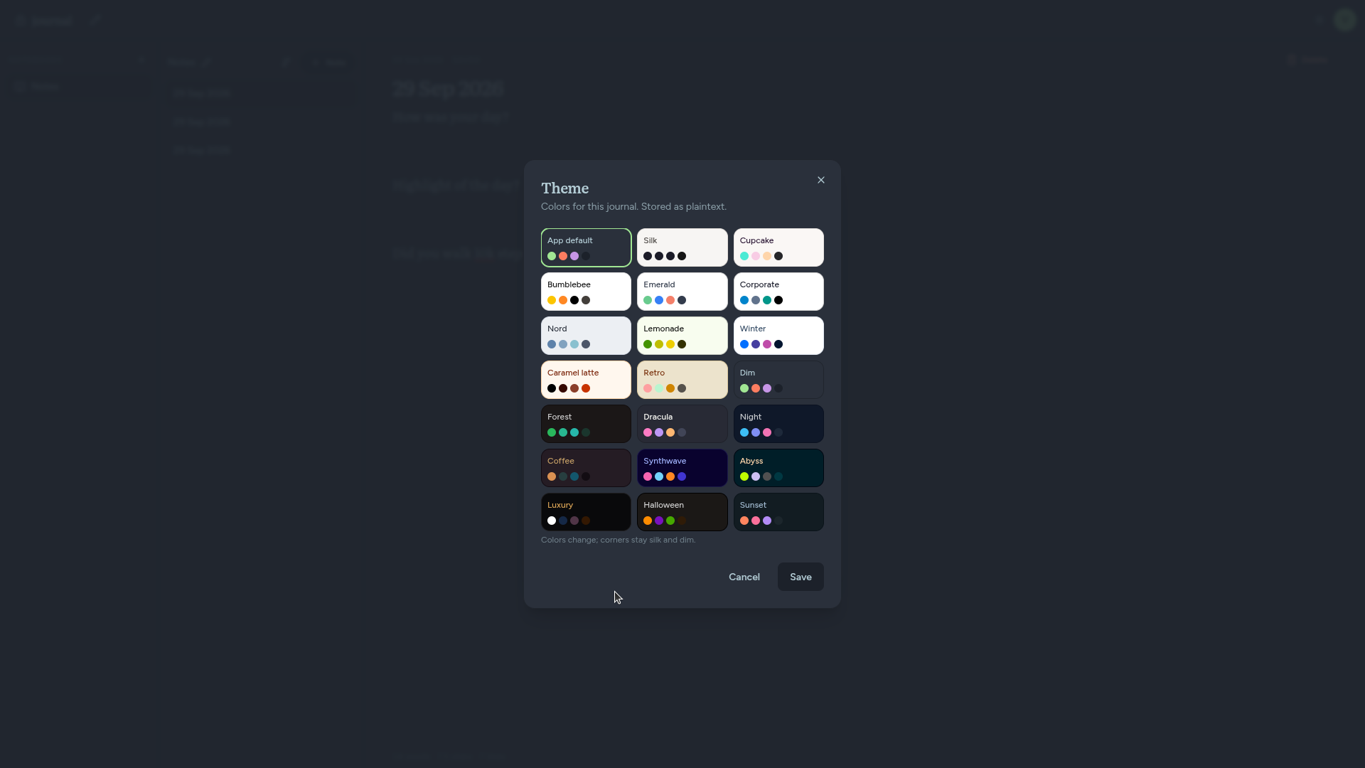 Theme picker with color swatches for a journal